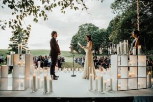 gothic and enchanted ceremony with twinkle lights in Vermont